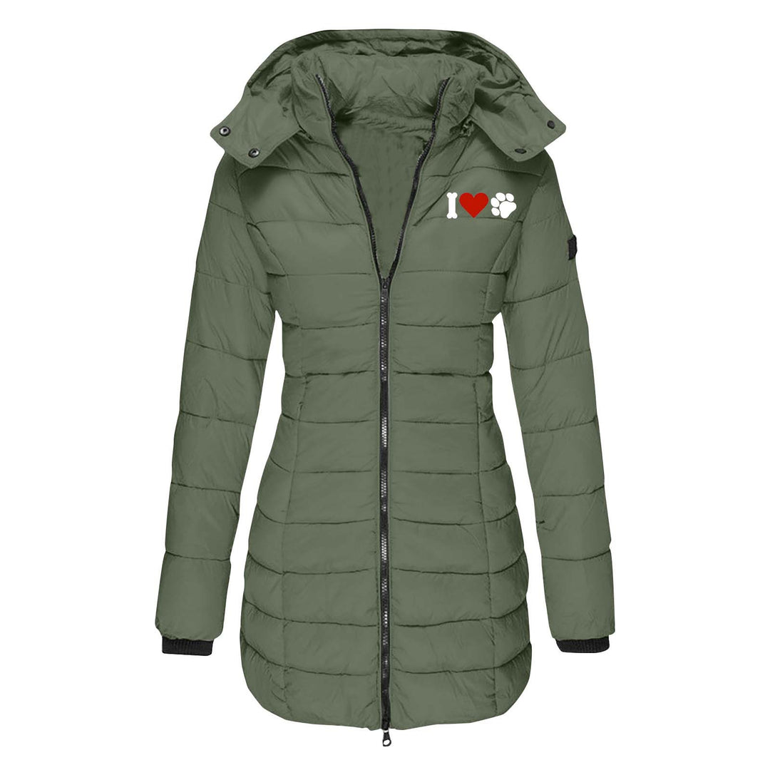 Damen nan gesteppte Steppjacke mit Kapuze, taillierter Silhouette und Herz-Pfoten-Print Shop Nory