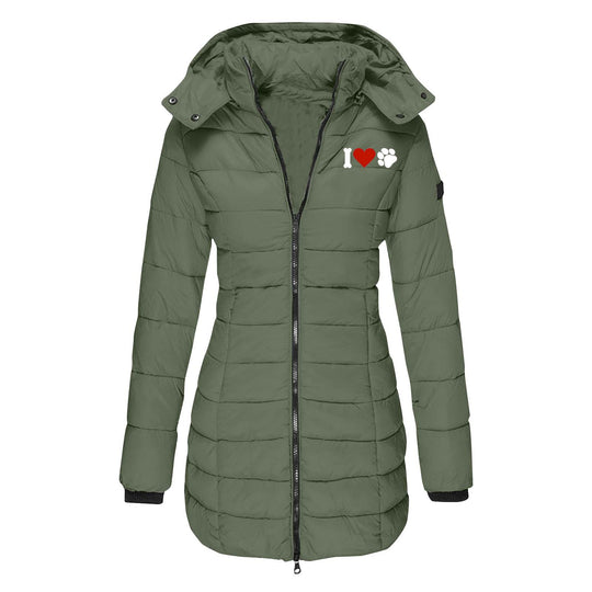 Damen nan gesteppte Steppjacke mit Kapuze, taillierter Silhouette und Herz-Pfoten-Print Shop Nory