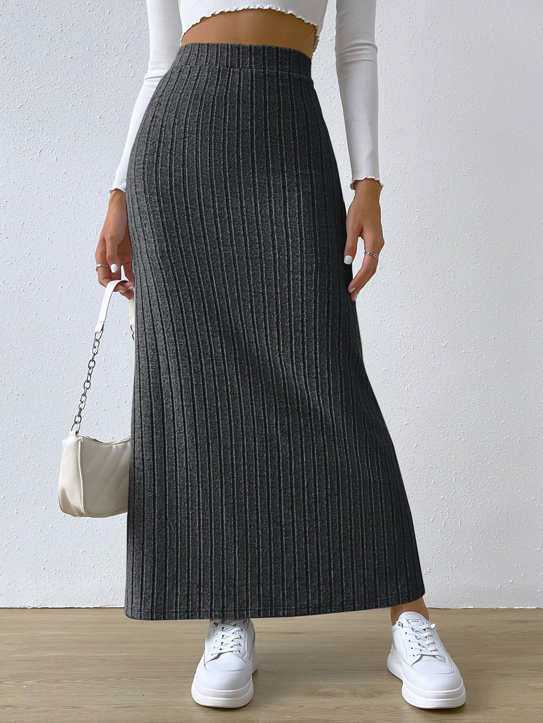 Damen gerippter Midirock mit hohem Bund und figurumspielender A-Linie Shop Nory