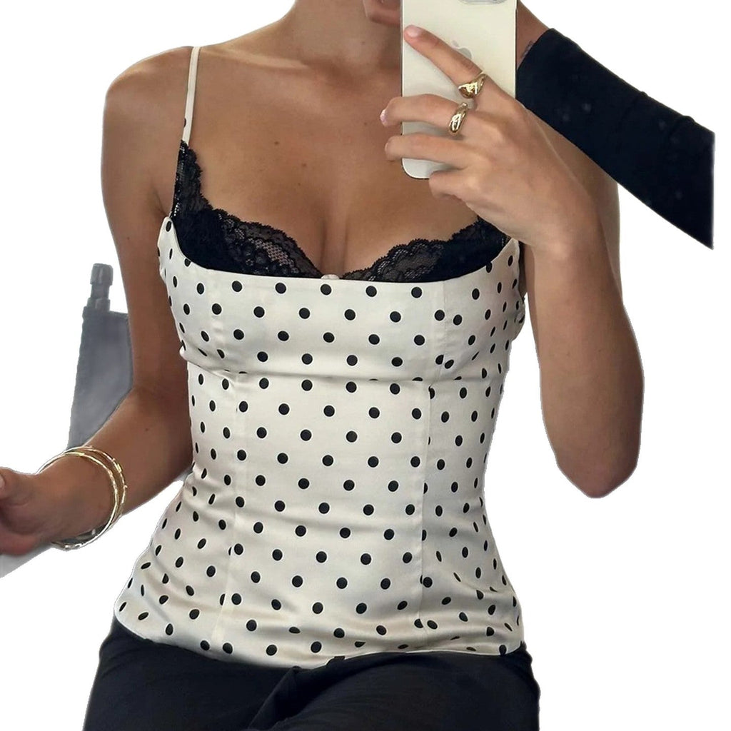 Damen Spaghettiträgertop mit Spitze und elegantem Punktedesign