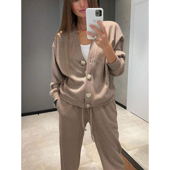 Damen Strick-Loungewear-Set mit V-Ausschnitt-Cardigan und weitem Kordelbund-Hose Shop Nory