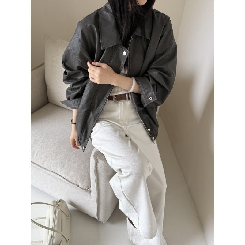 Damen Boxy Lederoptik Bomberjacke mit überschnittenen Schultern und Reißverschluss Shop Nory