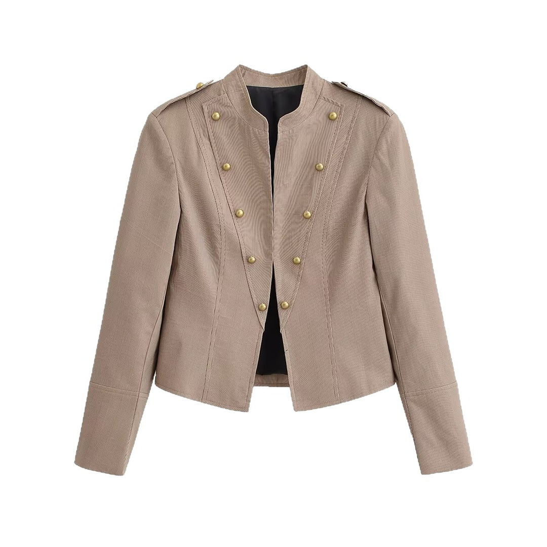Damen Kurzgeschnittene taillierte Militärjacke mit Stehkragen und Zierknöpfen Shop Nory