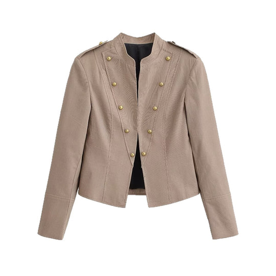 Damen Kurzgeschnittene taillierte Militärjacke mit Stehkragen und Zierknöpfen Shop Nory