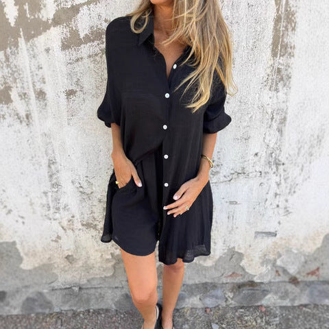 Damen legeres Baumwoll-Shorts-Set mit oversized Hemd und elastischem Bund
