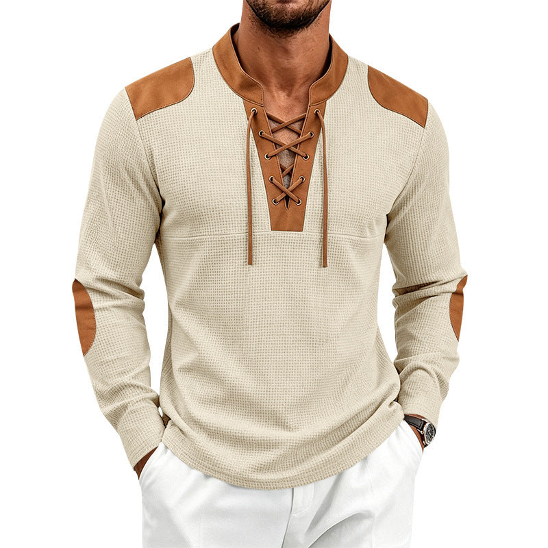 Herren Waffelstruktur-Henley mit Schnürkragen und Kunstleder-Patches Shop Nory