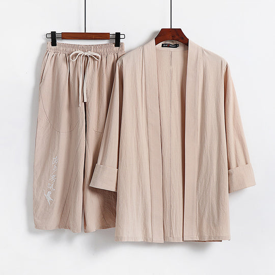 Damen Kimono-Set aus leichter Baumwollmischung offene Jacke mit lässig gekrempelten Ärmeln und weiter Haremshose mit Kordelzug Shop Nory