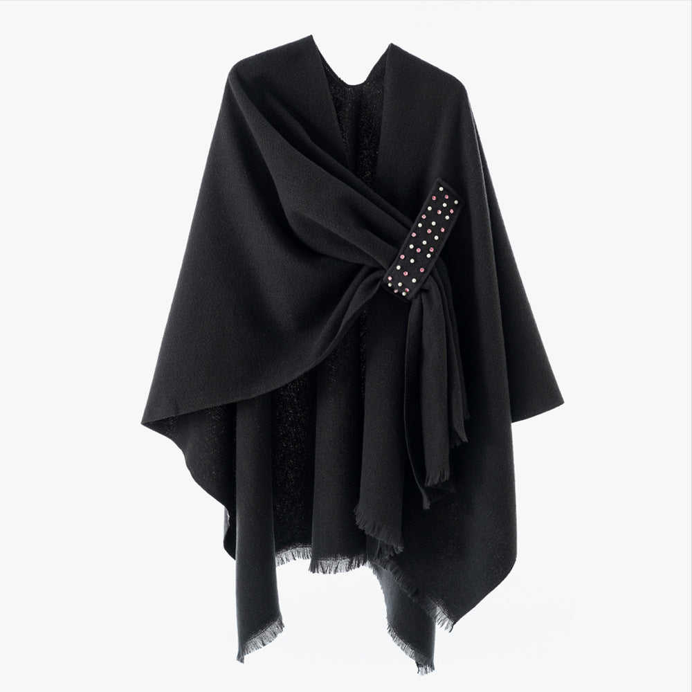 Damen Eleganter Wickel-Umhang aus Wollmischung mit Taillenschärpe und Fransensaum Shop Nory