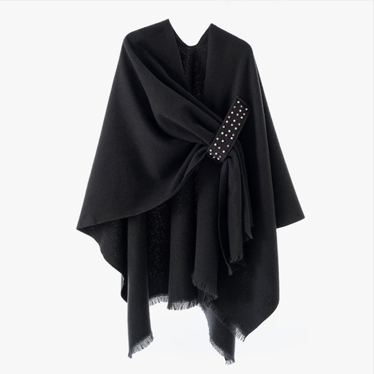 Damen Eleganter Wickel-Umhang aus Wollmischung mit Taillenschärpe und Fransensaum Shop Nory