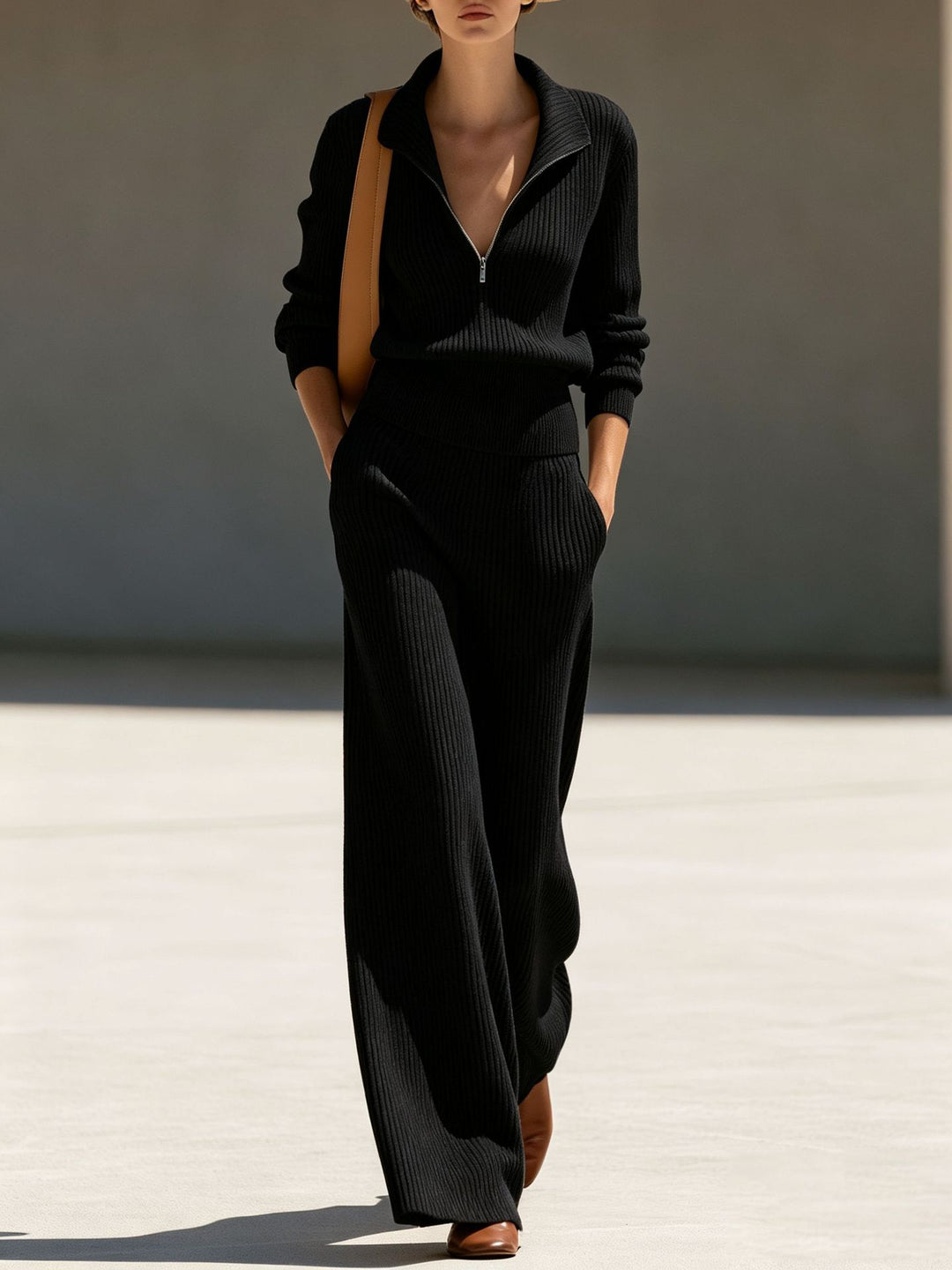 Damen Rippstrick-Set mit halbem Reißverschluss und weiten Palazzo-Hosen Shop Nory
