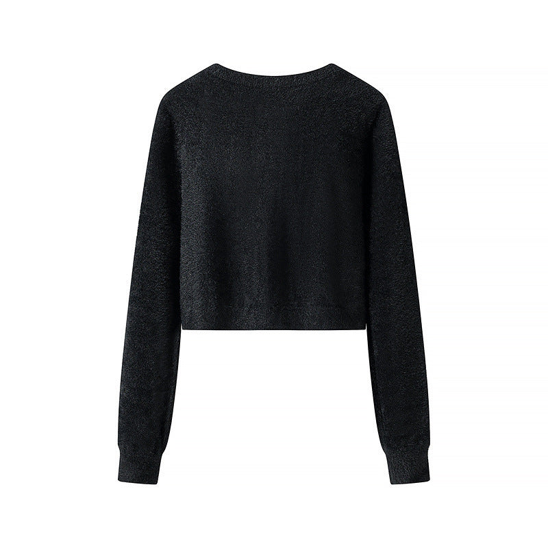 Damen Flauschige Cropped-Strickjacke mit Rundhals und Zierknopfleiste Shop Nory