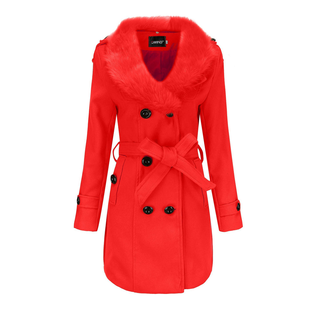 Damen Midi-doppelreihiger Mantel mit vollem Kunstfell‑Schalkragen und Wickelgürtel Shop Nory