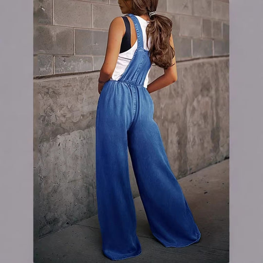 Damen Weite Denim-Latzhose im Palazzo-Schnitt mit verstellbaren Trägern Shop Nory