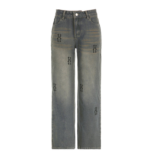 Damen nan hochtaillierte weite Denim-Jeans mit geradem Bein, Five-Pocket und Ton-in-Ton Stickerei Shop Nory