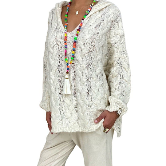 Damen nan oversized Kapuzenpullover mit Zopfmuster, tiefem V-Ausschnitt und seitlichen Schlitzen Shop Nory