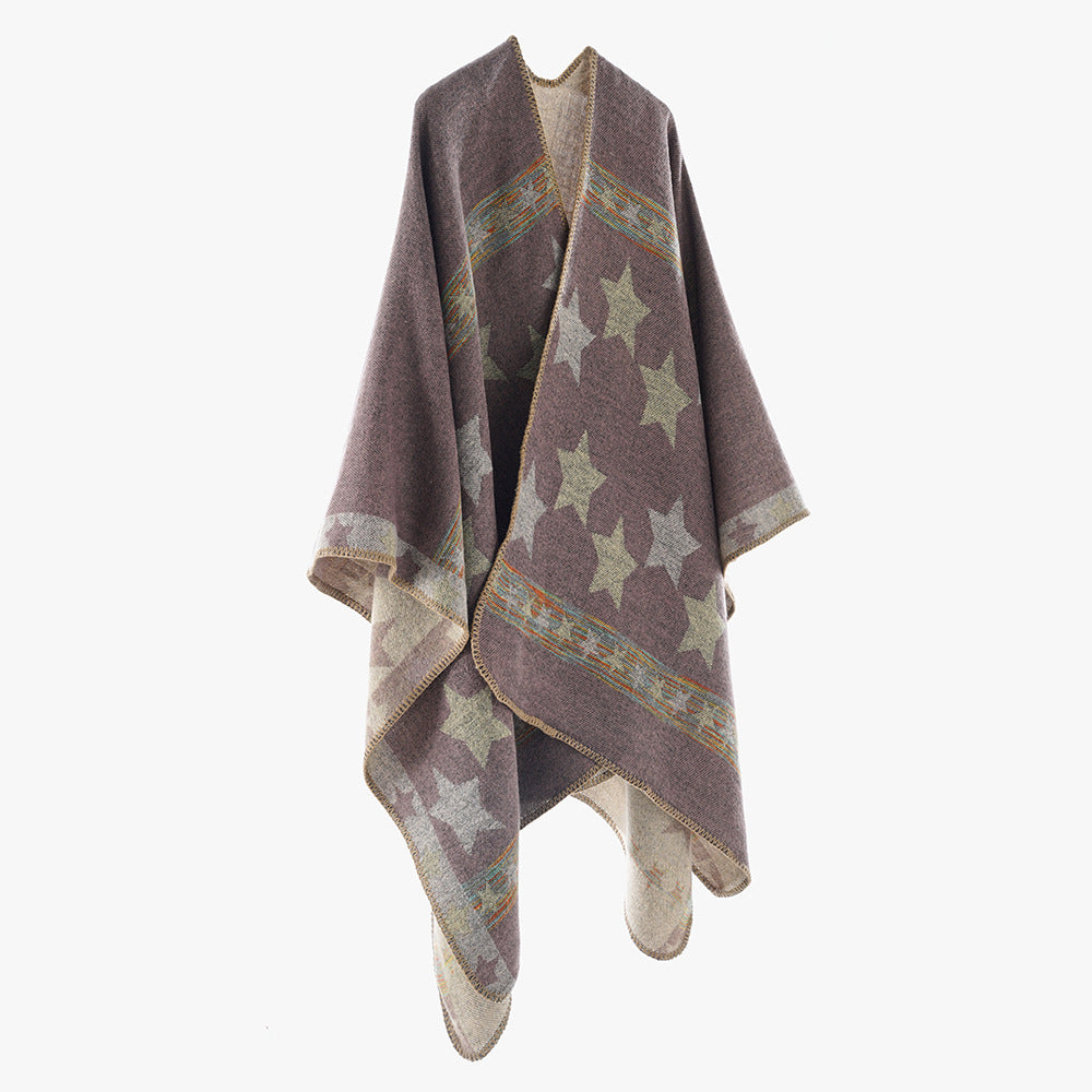 Damen Oversize-Capeponcho aus Wollmix mit zweilagigem Stern‑Jacquard und dekorativer Kettelnaht Shop Nory