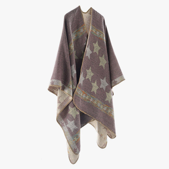 Damen Oversize-Capeponcho aus Wollmix mit zweilagigem Stern‑Jacquard und dekorativer Kettelnaht Shop Nory