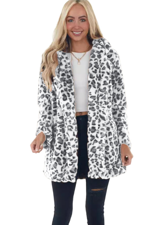 Damen Kunstfell Leopardenmuster Kapuzen Plüsch Mid-Length Mantel Shop Nory