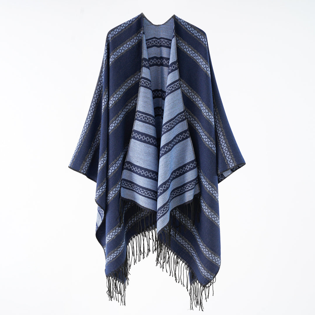 Damen Wollmix-Wickelponcho im Jacquardstreifen mit Fransen Shop Nory