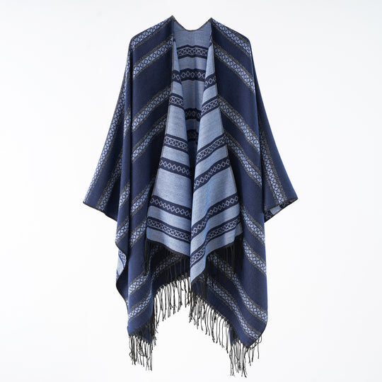 Damen Wollmix-Wickelponcho im Jacquardstreifen mit Fransen Shop Nory