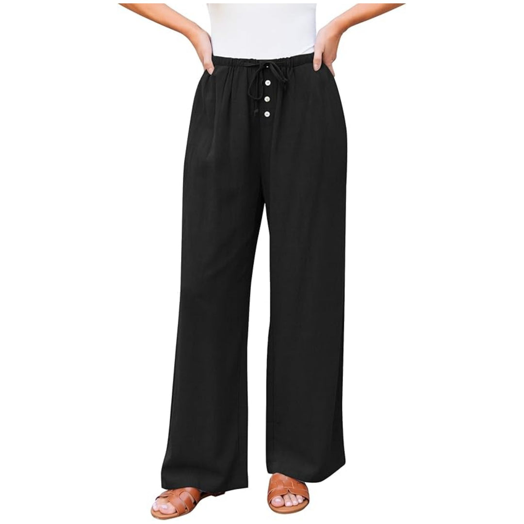Damen Leinenoptik-Hose mit weitem Bein, Gummizug-Taille, Tunnelzug und Knopfdetail Shop Nory