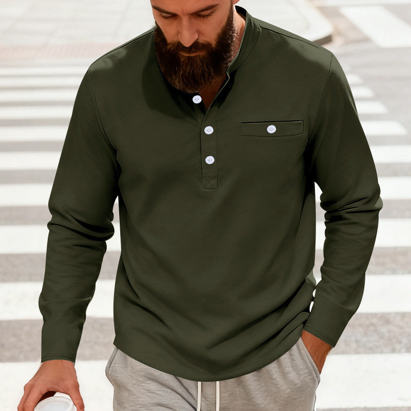 Herren Lässiges Henley-Langarmshirt mit Stehkragen, Brusttasche und abgerundetem Saum Shop Nory