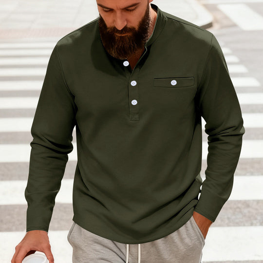 Herren Lässiges Henley-Langarmshirt mit Stehkragen, Brusttasche und abgerundetem Saum Shop Nory