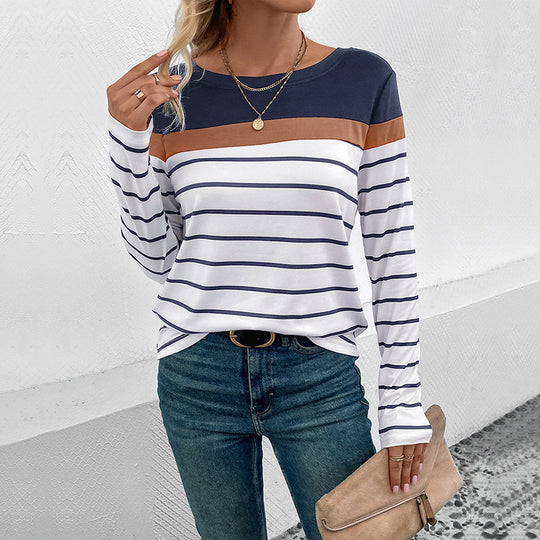 Damen Langarm-Shirt mit Streifenmuster, kontrastierender Passe und legerer Silhouette Shop Nory