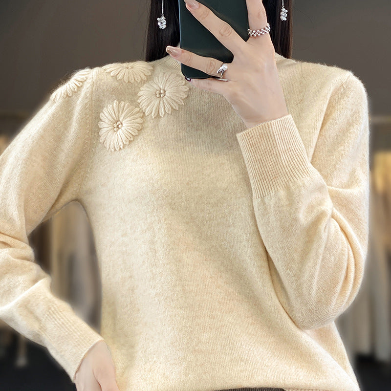 Damen Weicher Feinstrickpullover mit kurzem Stehkragen, 3D‑Blütenapplikation und gerippten Bündchen Shop Nory