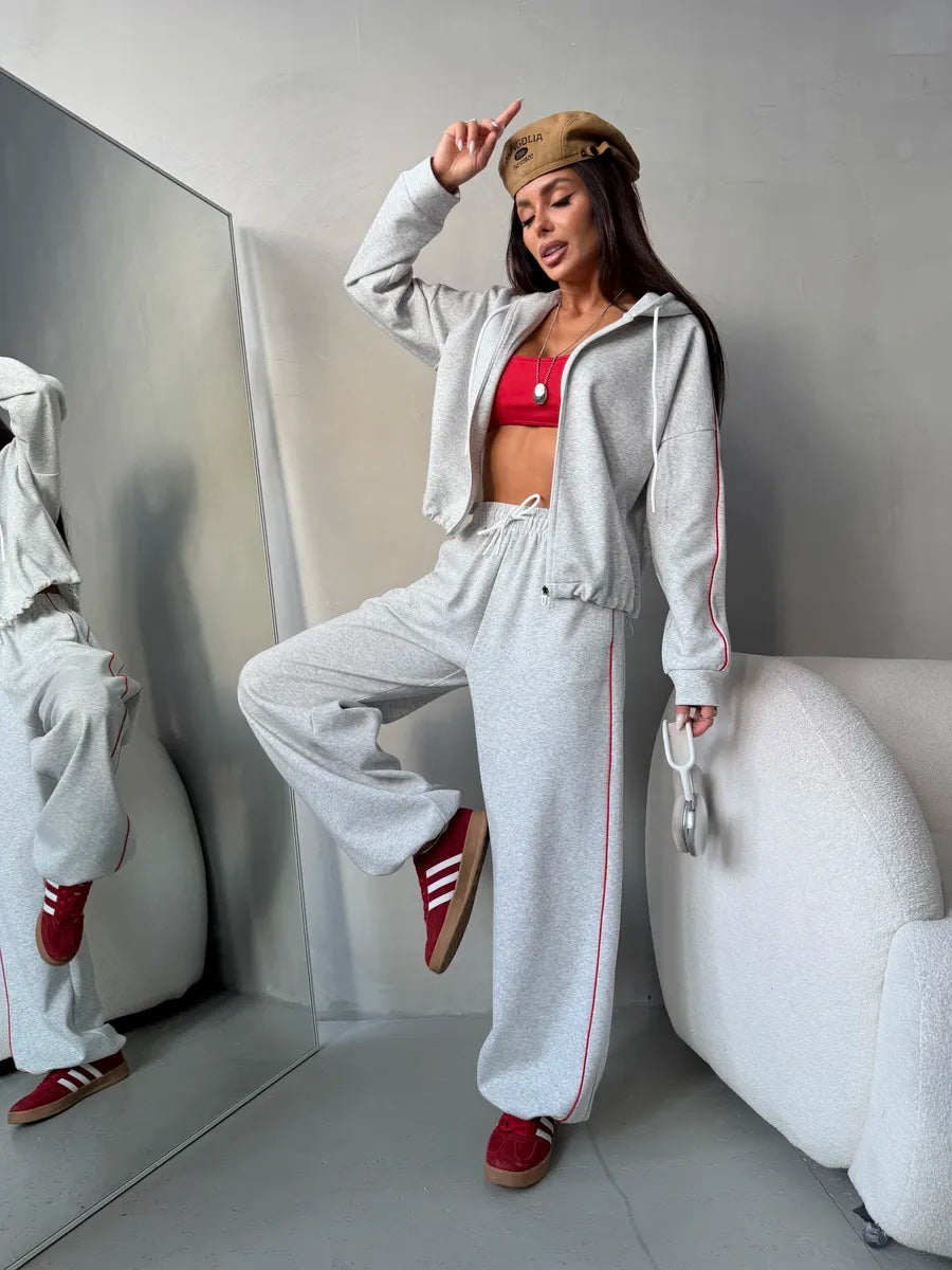 Damen lässiges Lounge-Set aus French-Terry mit Kurzzip-Hoodie und High-Waist Wide-Leg Jogginghose mit Kontrastpaspel Shop Nory