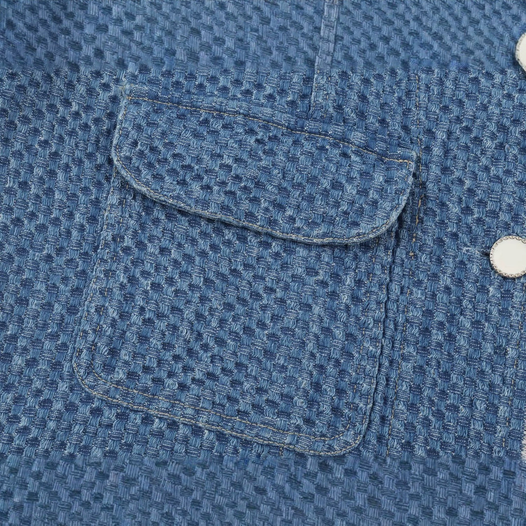 Damen Cropped Boxy-Jeansjacke mit Waffelstruktur, aufgesetzten Pattentaschen und Fransenabschluss Shop Nory