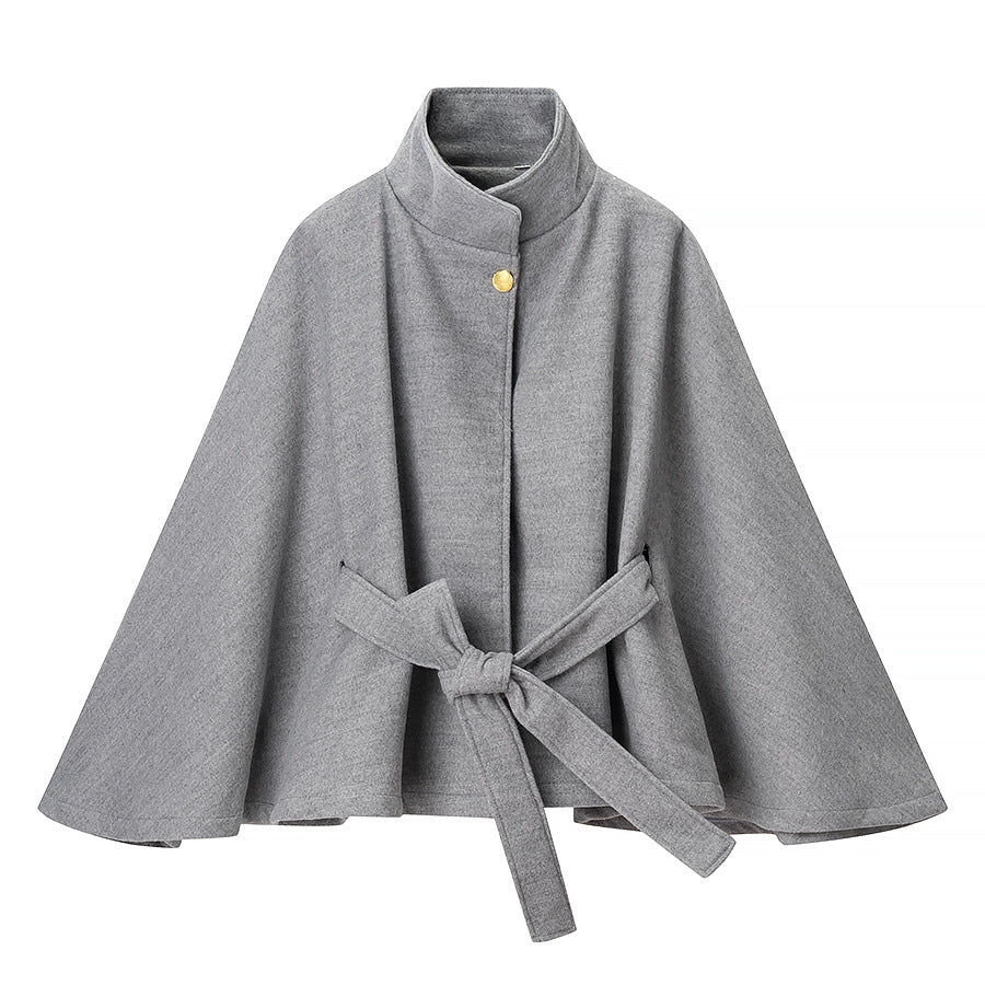 Damen Kurzcape-Mantel aus Wollmix mit Stehkragen, weitem Kimonoärmel und Bindegürtel Shop Nory