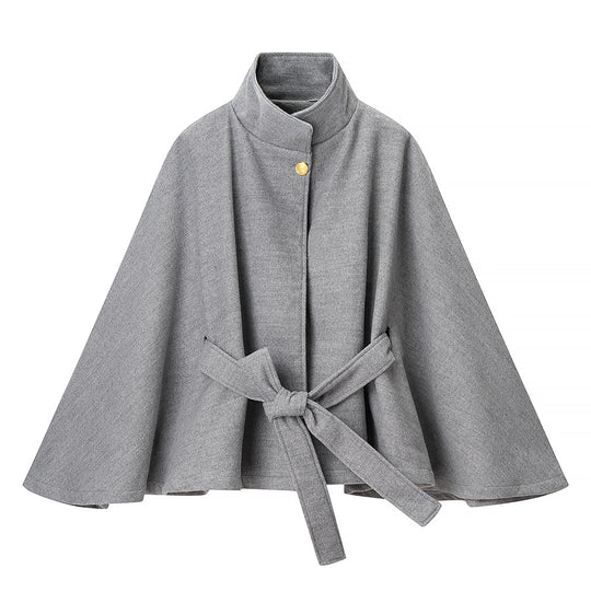 Damen Kurzcape-Mantel aus Wollmix mit Stehkragen, weitem Kimonoärmel und Bindegürtel Shop Nory