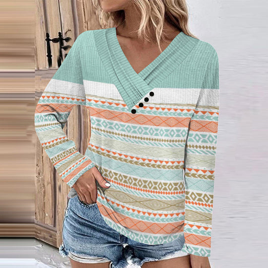 Damen Gerippter V-Ausschnitt Pullover mit Farbverlauf, Zierknöpfen und legerer Passform Shop Nory