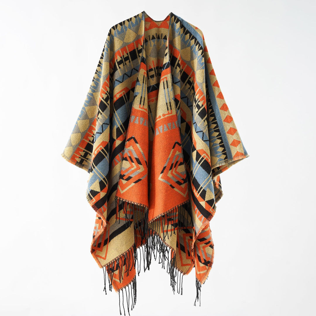 Damen Gewebter Fransenponcho mit Ethno-Jacquard und Oversize-Fall Shop Nory