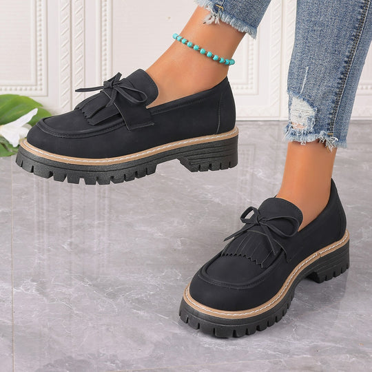 Damen modische Fransen-Loafer mit dekorativer Schleife und grober Profilsohle Shop Nory