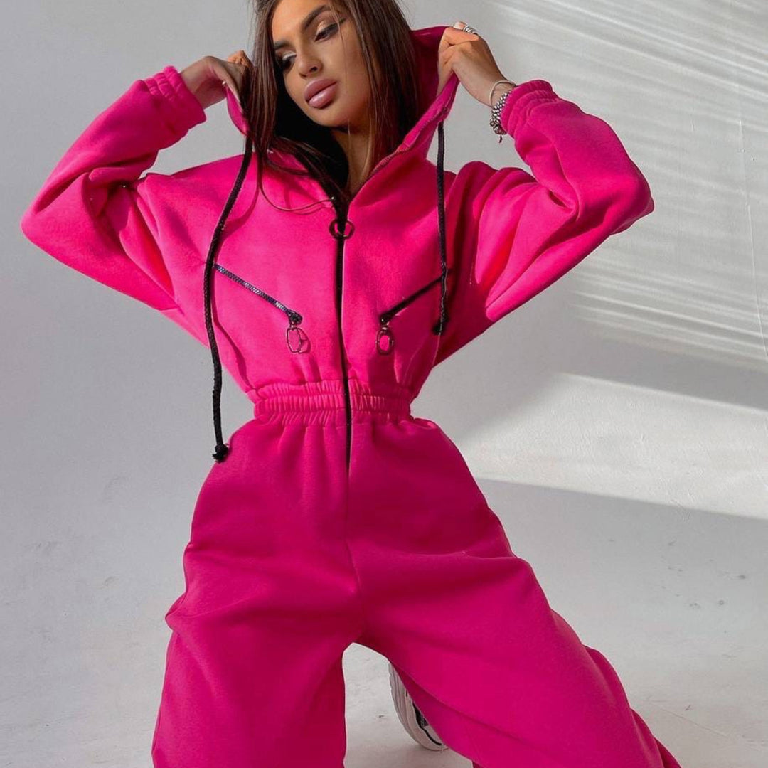 Damen taillierter Kapuzen-Jumpsuit mit elastischem Bund und markanten Kontrast-Reißverschlüssen Shop Nory
