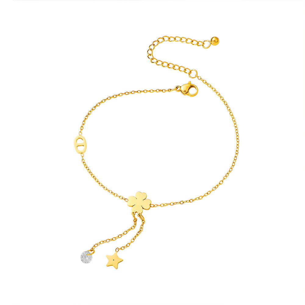 Damen Fußkette mit filigranem Glücksblumen-Design und funkelndem Anhänger Shop Nory