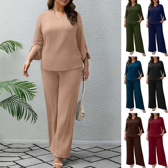 Damen Elegantes Zweiteiliges Palazzo-Set mit V‑Ausschnitt und geschlitzten 3/4‑Ärmeln Shop Nory