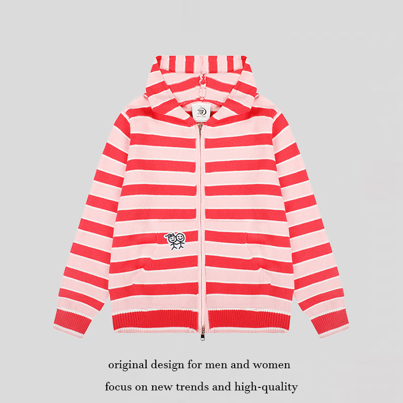 Damen Kapuzen‑Strickjacke mit durchgehendem Reißverschluss, gestreifter Struktur und Stickdetail Shop Nory