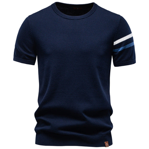 Herren nan feines Baumwollstrickshirt mit Rundhalsausschnitt kurzärmelig und kontrastierenden Ärmelstreifen Shopnory