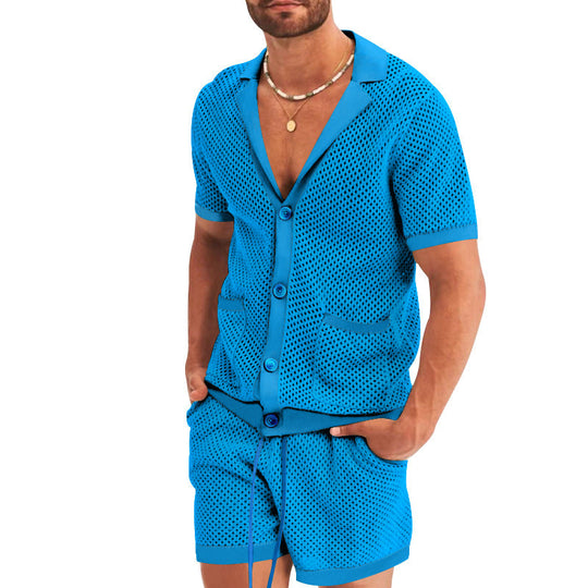 Herren nan offener Netzstrick-Cardigan mit passenden Kordelzug-Shorts