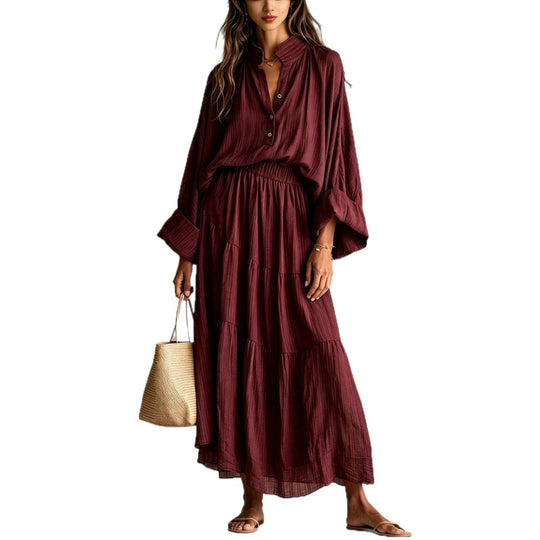 Damen Maxikleid mit geraffter Taille, Stehkragen und voluminösen Ballonärmeln Shop Nory