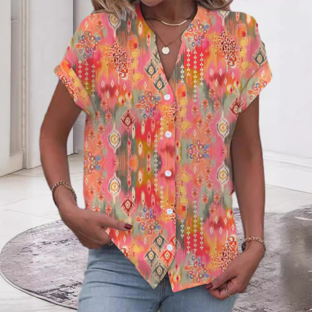 Damen Kurzarmbluse mit kunstvollem Ikat-Design