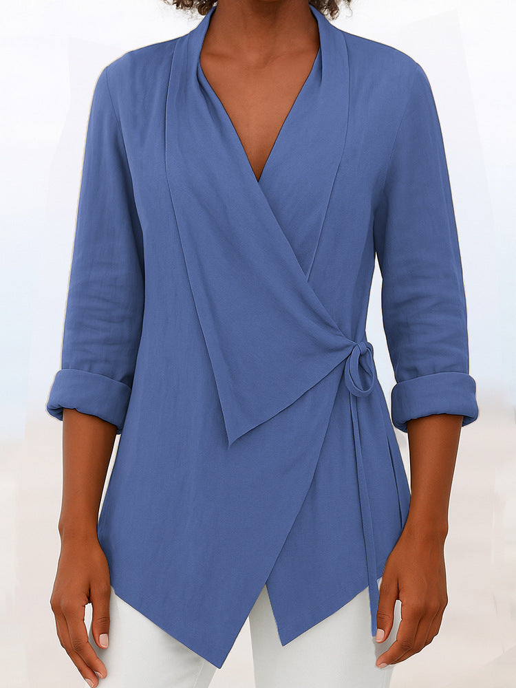 Damen Asymmetrische Wickelbluse mit Schalkragen und 3/4-Ärmeln Shop Nory