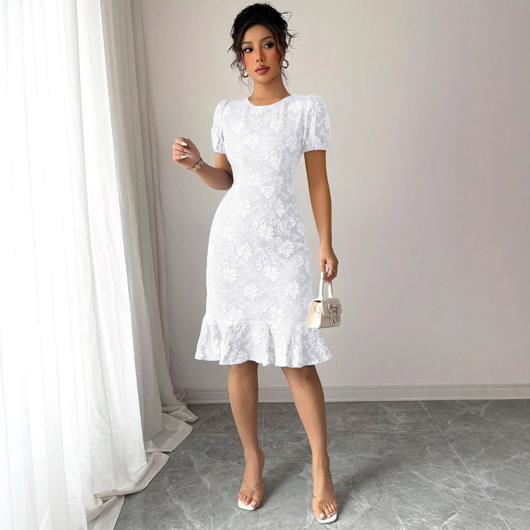 Damen Blumenspitze Midi-Kleid mit Rüschensaum