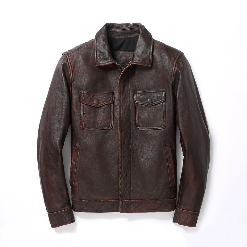 Herren Lederjacke im Worker-Stil mit Brusttaschen und durchgehendem Reißverschluss Shop Nory