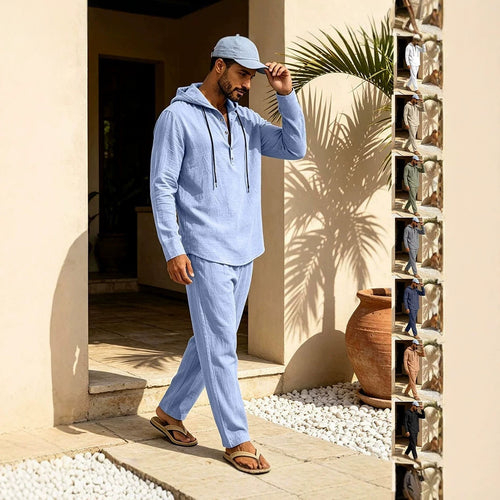 Herren Lässiges Leinen-Look Freizeit-Set mit Kapuzenhemd und weiten Hosen Shop Nory