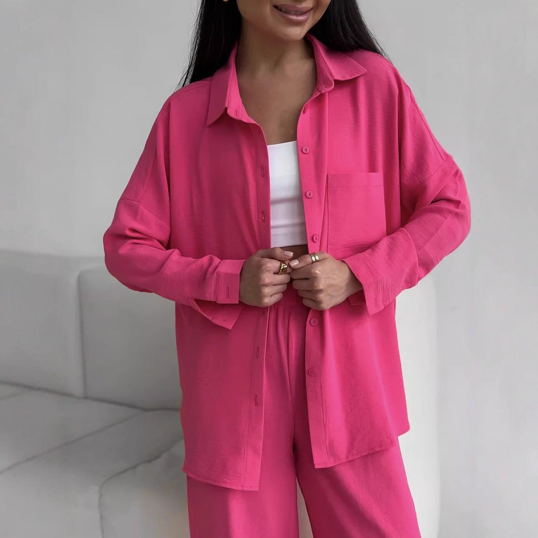 Damen Zweiteiliges Lounge-Set Oversize-Bluse mit Brusttasche und weiter Palazzo-Hose Shop Nory