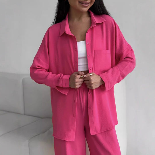 Damen Zweiteiliges Lounge-Set Oversize-Bluse mit Brusttasche und weiter Palazzo-Hose Shop Nory